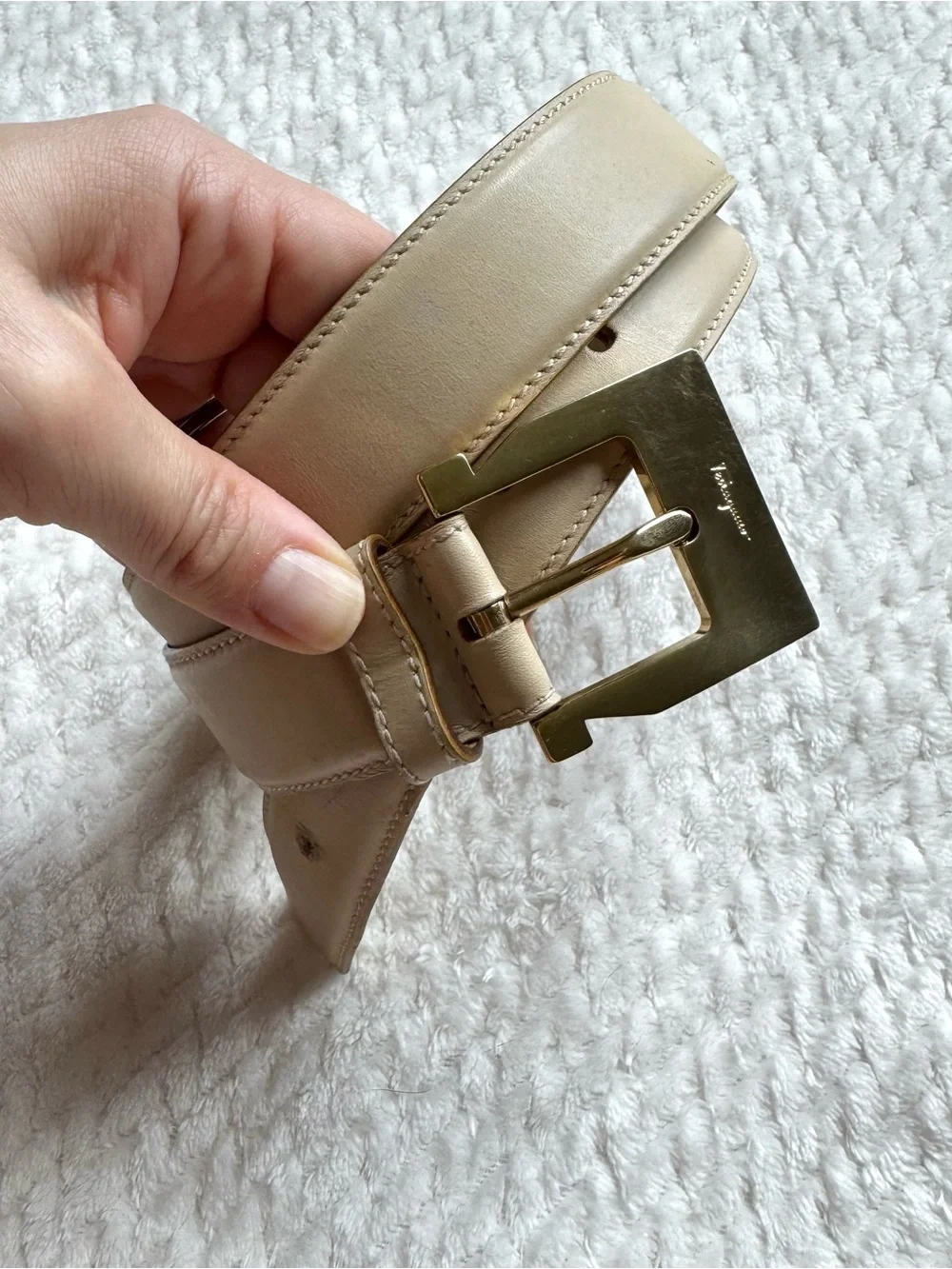 VTG 90s Salvatore Ferragamo Leather Belt S 30” Beige Gold Tone Buckle Italy